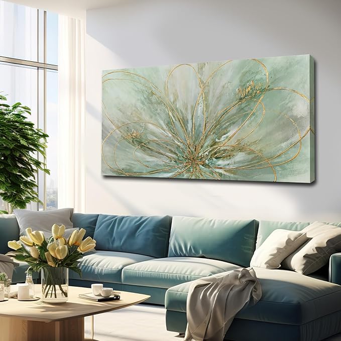 YJYart Green Flowers Canvas Wall Art Modern Paintings with Gold Foil Abstract Nature Wall Decorations for Home Office Living Room Bedroom 24" x 48"