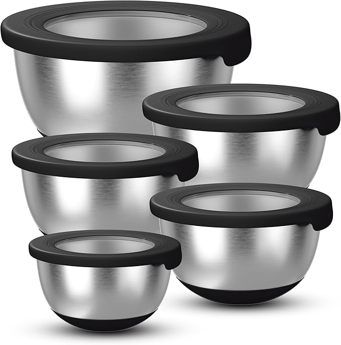 Stainless Steel Mixing Bowls with Lids – Set of 5 Large Nesting Metal Bowls for Kitchen, Baking, Cooking, Food Prep & Storage, Non-Slip Base, Dishwasher Safe,Black