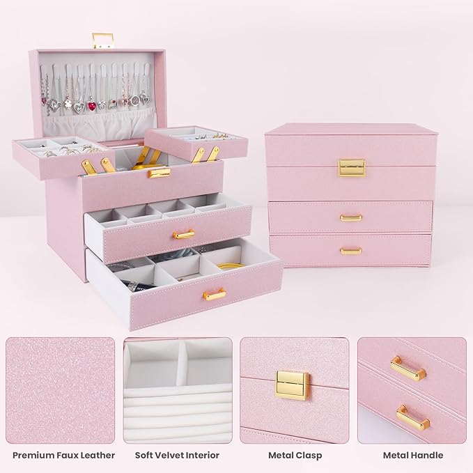 Dajasan Jewelry Boxes for Women Girls, Jewelry Storage Organizer, 4 Layers Large Jewelry Organizer Box with 2 Drawers for Friends, Wife or Mother Gift (Pink)