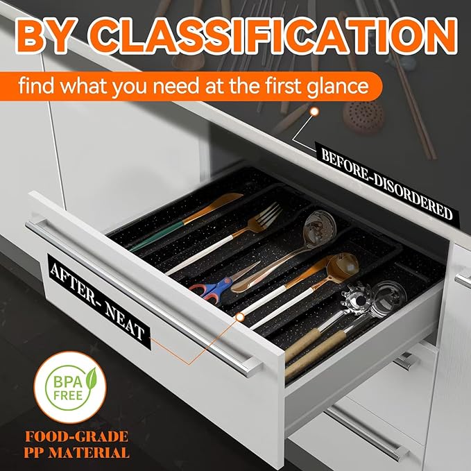 Utensil Drawer Organizer for Kitchen Cutlery, Expandable Large Silverware Organizer, Adjustable Cooking Utensil Tray, Plastic Spatula Tools and Gadgets Storage Divider, Marble Design, Black