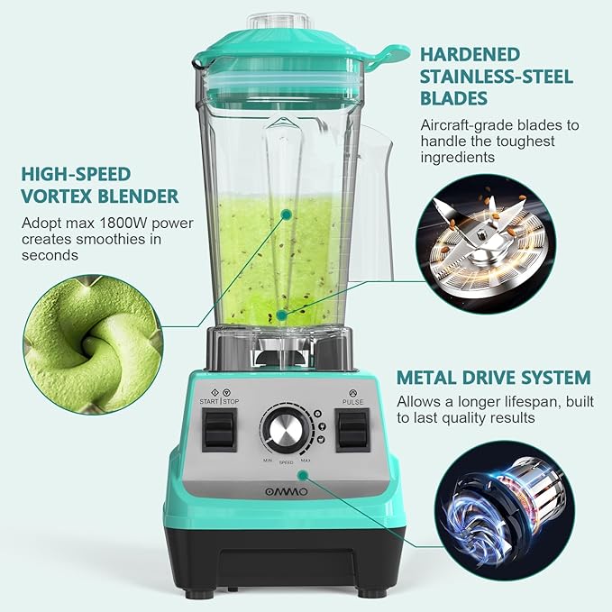 OMMO Blender 1800W, Professional High Speed Countertop Blender with Durable Stainless Steel Blades, 60oz BPA Free Blender for Shakes and Smoothies, Nuts, Ice and Fruits, Dishwasher Safe