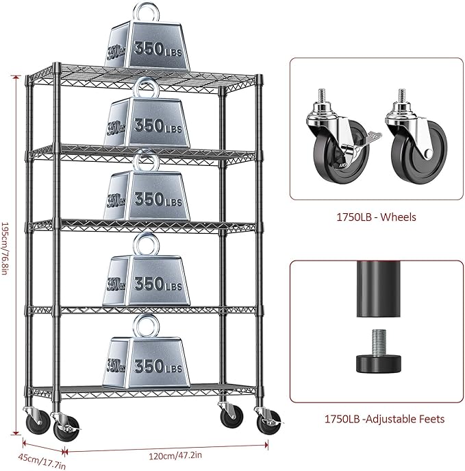 IZEUK 5-Tier Storage Shelving Unit with Wheels, Adjustable Heavy Duty Steel Wire Rack Organizer (Black, 17.7" D x 47.2" W x 76.7" H, 1750 lbs Capacity) for Garage, Kitchen, Office, Laundry, Basement