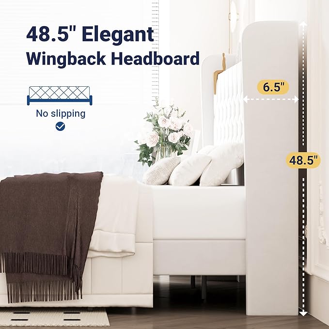 Allewie King Size Bed Frame, Storage Headboard with Charging Station, Wingback Velvet Upholstered, Diamond Stitched Button Tufted, Sturdy Wooden Slats, No Box Spring Needed, Easy Assembly, White