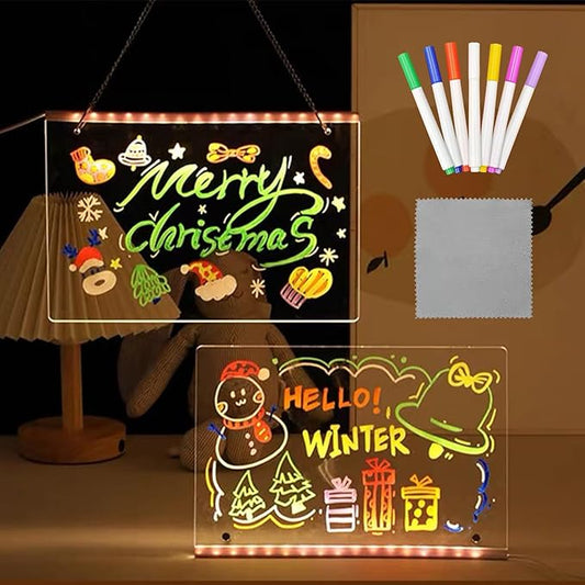 Led Drawing Board, Acrylic Dry Erase Board with Bracket, 11.8" X 7.9” Glow Writing Board, Led Note Board Comes with 7 Drawing Pens and 5 Cartoon Doodle Paper for Office School Home