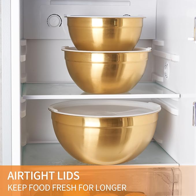 Gold Mixing Bowls with Airtight Lids, Stainless Steel Nesting Mixing Bowls Set of 7, Ideal for Baking, Prepping and Serving Food, Size 7, 3.6, 2.7, 2.1, 1.5, 1.1,0.8 QT, Stackable Design