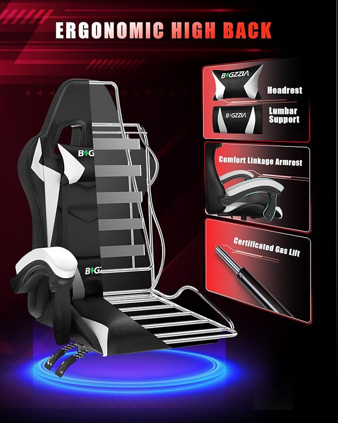 Bigzzia Gaming Chair with RGB LED Lights, High Back Ergonomic Computer Gamer Chair with Headrest and Lumbar Support, Racing Style Reclining Game Chair for Adults, Kids(Black/White)
