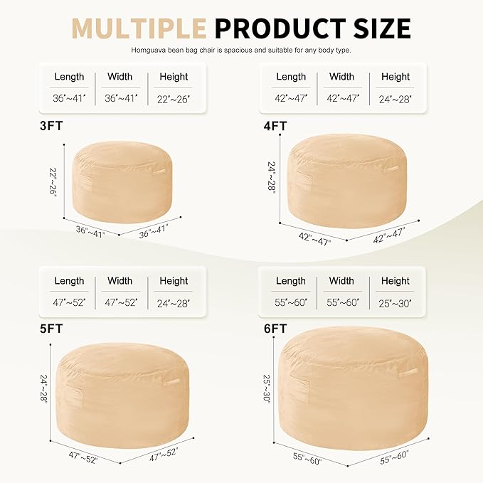 Homguava 5FT Bean Bag Chair Giant BeanBag with Memory Foam Filled, Comfy Bean Bag Chairs for Adults, Adult Bean Bag Chair with Dutch Velvet Cover for Living Room Bedroom-Khaki