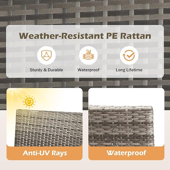 FDW 3 Piece Outdoor Furniture Set Patio Gray Wicker Chairs Furniture Bistro Conversation Set 2 Rattan Chairs with Khaki Cushions and Glass Coffee Table for Porch Lawn Garden Balcony Backyard