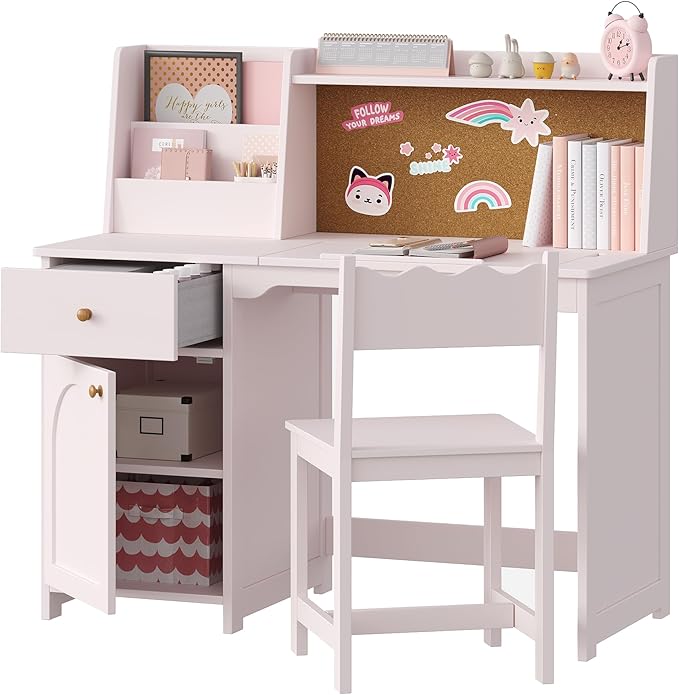 Treocho Kids Study Desk and Chair Set, Kids Desks with Hutch and Tiltable Desktop for 5-12 Years Old, Wooden Children Study Table with Fabric Drawer, Student Writing Desk Bedroom, Home School, Pink