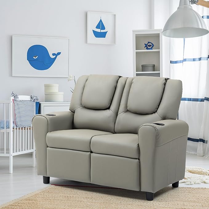 AVAWING Double Toddler Recliner Chair, Kids Couch with Cup Holders, Faux Leather Kids Recliner, Loveseat Sofa w/Adjustable Footrest & Headrest for Boys and Girls Age 1-4, Grey