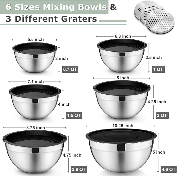 P&P CHEF Mixing Bowls with Lids Set of 6, Stainless Steel Nesting Salad Bowl & 3 Grater Attachments for Prepping Storing, 4.6/2.6/2/1.5/1/0.7 QT, Black