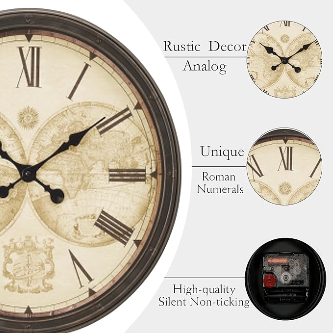 20 Inch Retro Farmhouse Wall Clock, Vintage Silent Non-Ticking, Battery Operated Decorative Clock for Living Room, Kitchen, Bedroom, Office and Home Decor,Brown Roman Number