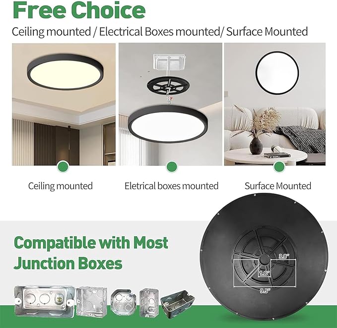 24 Inch Large LED Flush Mount Ceiling Light, 50W,5480LM, 3000K/4000K/6000K CCT Selectable, Black Round Flat Panel Low Profile Ceiling Light Fixtures for Hallway, Kitchen, Bedroom, Laundry Room