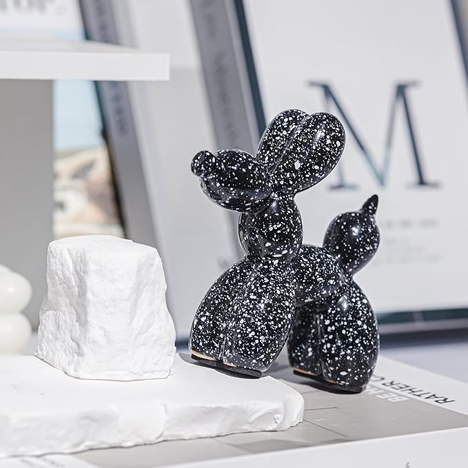 Creative Balloon Dog Statues Small Ceramic Animal Sculpture Modern Home Decor Living Room Desktop Decorations Bedroom Office Cabinet Ornament (Black-A)