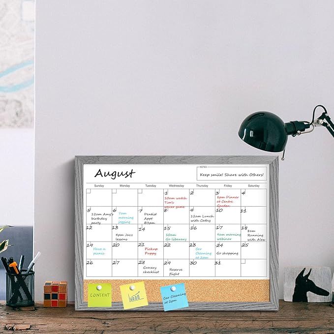 Calendar Whiteboard for Wall, 17x13 Inches Dry Erase Calendar Cork Board Combo, Magnetic Monthly White Board with Wood Framed, Hanging Dry Erase Board for Home Kitchen Office Planner Memo