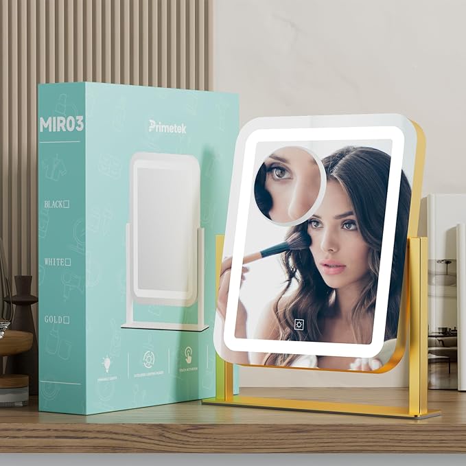 PRIMETEK Vanity Mirror with Lights, 16"x14" Large LED Lighted Makeup Mirror, Hollywood Makeup Mirror, Touch Screen, 3-Color Lighting, 5X Magnification, for Vanity Desk Tabletop, Bedroom, Gold