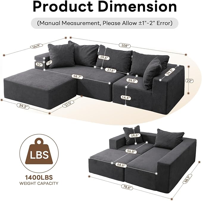Vamcheer Modular Sectional Sofa - Modern L Shaped Boneless Couch with Deep Seat, Upholstered Sectional Couches for Living Room, Bedroom, Office, No Assembly Required, Gray