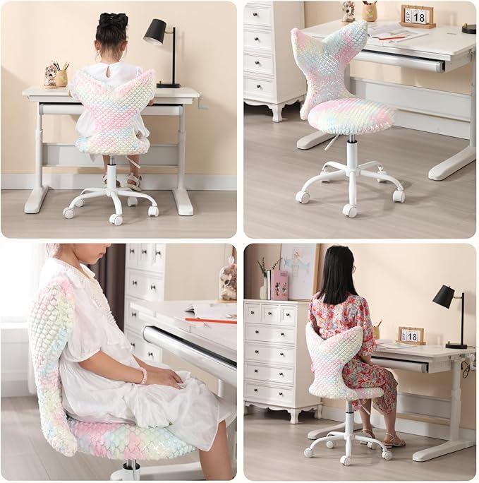 Fuzzy Desk Chair, Cute Swivel Children Desk Chair with Wheels for Kids Bedroom Upholstered Rolling Study Chair Adjustable Computer Chair Mermaid Back Vanity Chair for Teen Girls Boys, Light Colorful