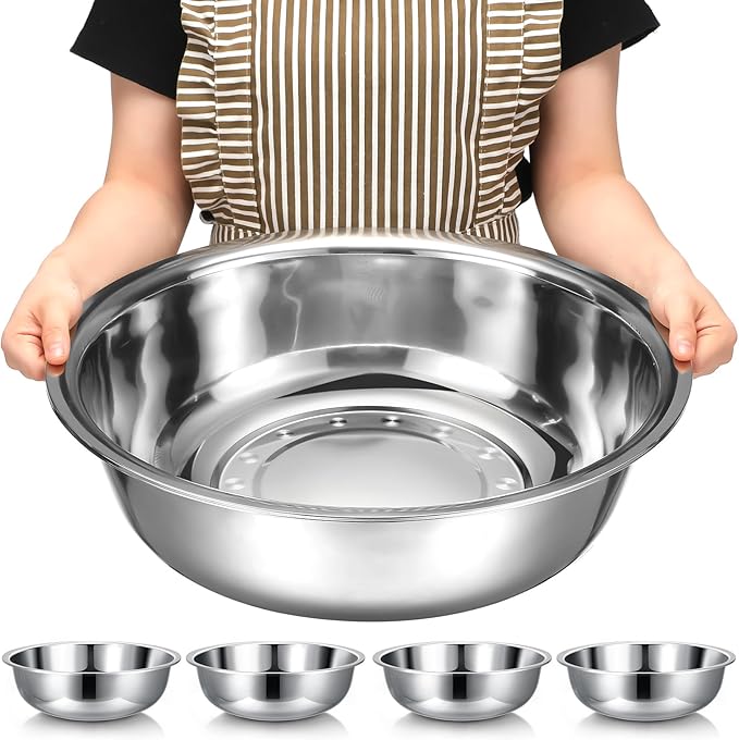 Nuogo 4 Pcs Stainless Steel Mixing Bowls Metal Mixing Bowls Extra Large Basin Salad Basin Deeper Edge Dishwasher Safe Mirror Finish for Home and Commercial, Silver (18 Inch 16 Qt)