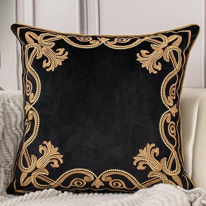 Aeckself European Floral Pillow Cover 24x24 Inch, Large Luxury Velvet Embroidered Decorative Throw Pillow Cover for Couch Bedroom Living Room, Black and Gold, Yw-OBYG-Black6060