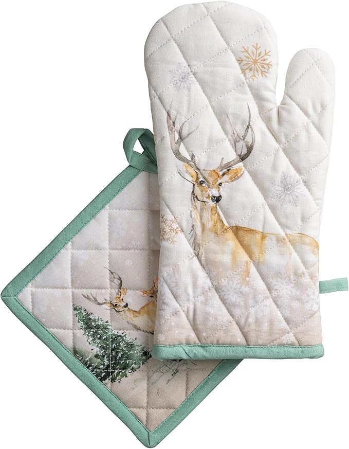 Maison d' Hermine 100% Cotton Oven Mitt & Pot Holder Set (7.5"x13" & 8"x8") Heat Resistant BBQ Cooking Gloves with Loop for Thanksgiving Christmas Decorations Handling Hot Pans (Deer in The Woods)