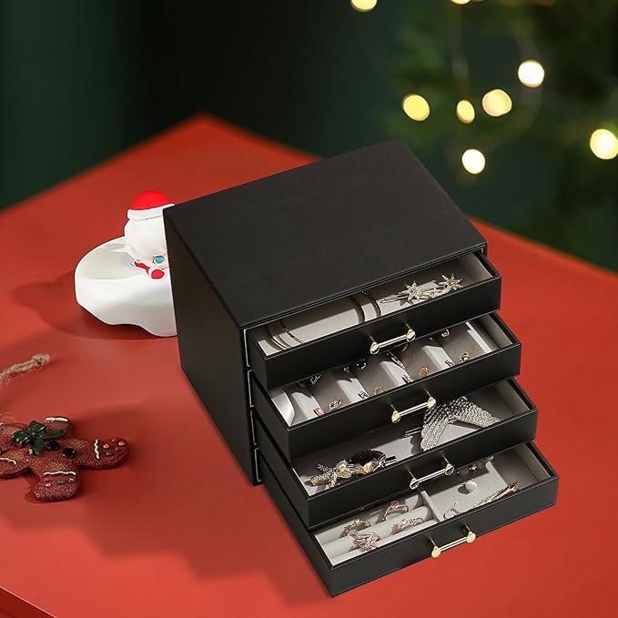 Jewelry Organizer with 4 Drawers, Women Jewelry Box with 6 Jewelry Trays Stackable Jewelry Holder for Earrings Ring Bracelet Necklace, Black