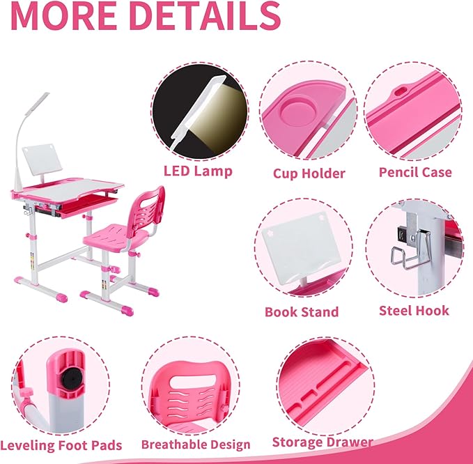 Diroan Kids Functional Desk and Chair Set, Ergonomic Height Adjustable Children School Study Desk with Tilt Desktop, Book Stand, LED Light, Metal Hook and Storage Drawer for Boys Girls(Pink)