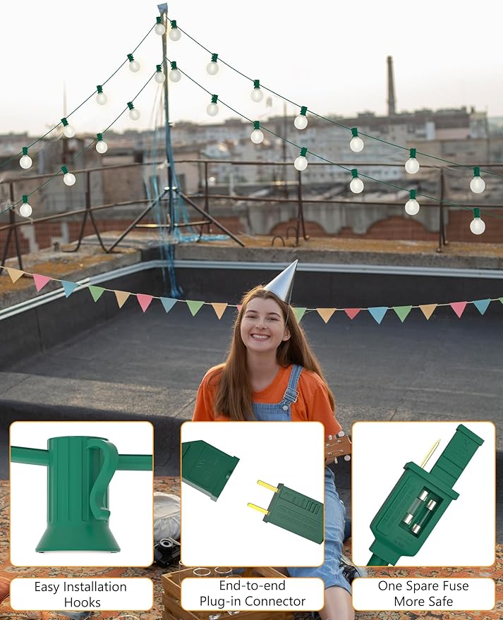 SUNSGNE 25Ft Globe Christmas Lights Outdoor, G40 LED Round Christmas Lights with 27 LED Frosted White Bulbs(2 Spare) for Yard Patio Garden Balcony Bistro Decor, Green Wire