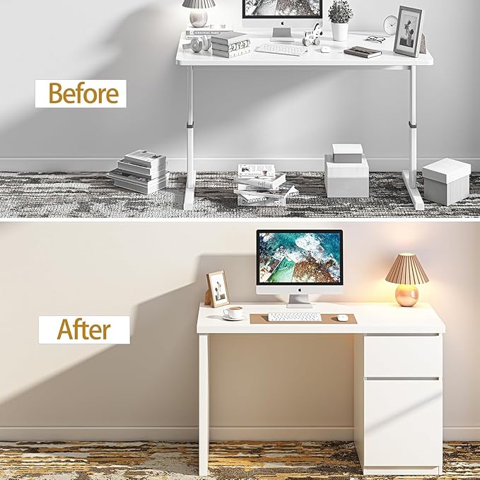 furtble White Desk with Drawers, 55 Inch Small Cute Desk for Bedroom, Home Office PC Desks Workstation Study Table Desks with Storage, White