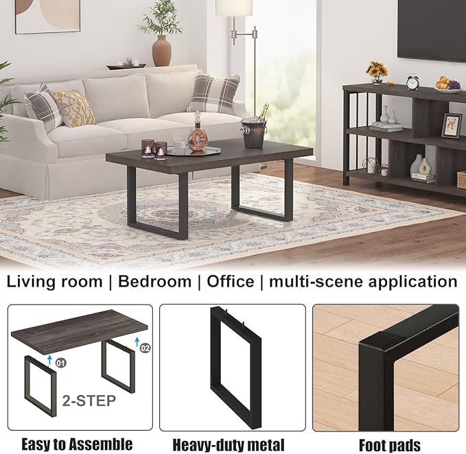 IBF Industrial Grey Coffee Table, Modern Simple Wood and Metal Center Tables, Minimalist Rectangle Wooden Living Room Table, Vintage Rustic Cocktail Tea Table for Home Bedroom, Dark Gray Oak, 39 inch