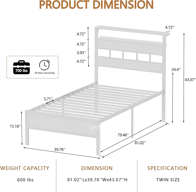 Furnulem Twin Bed Frames with Charging Station and LED Lights, Twin Size Platform Bed with Metal Slats, Wood Headboard with 2-Tier Storage Shelves, No Box Spring Needed, White