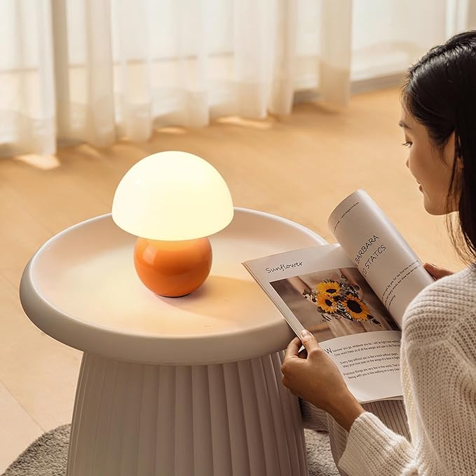 Mushroom Lamp - Ceramic Base with Multi-level Dimming | Retro-Modern Small Lamp in Vibrant Orange | Cute Aesthetic Desk/Bedside Light for Bedroom/Living Room, Decorative Accent & Thoughtful Gift