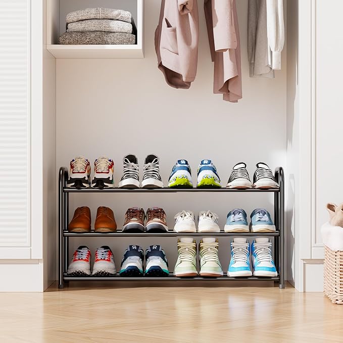SUFAUY Expandable Shoe Rack Organizer, 3-Tier Metal Adjustable Shoe Shelf for Closet Entryway, Black