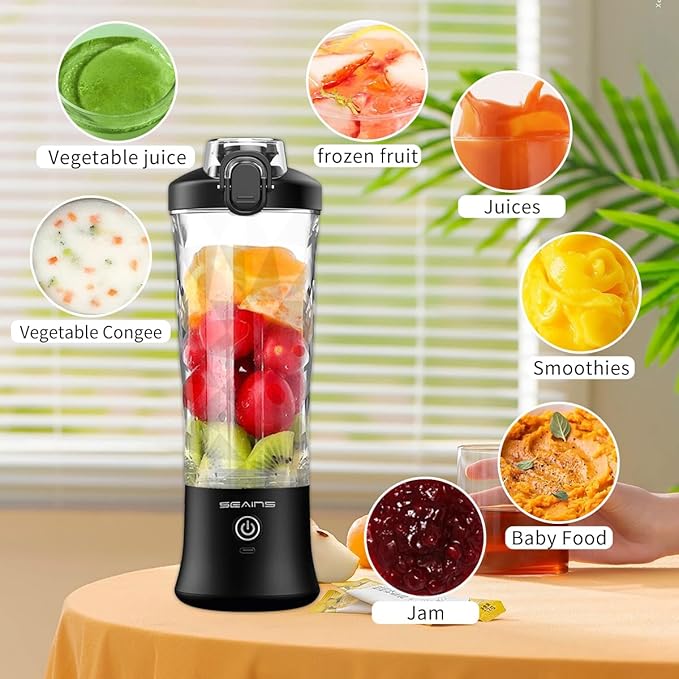 Portable Blender with 20 Oz Travel Cup, 6 Blades, USB Rechargeable for Shakes, Smoothies, Gym, Kitchen and Outdoors (Black)