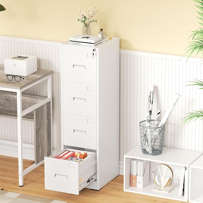 Greenvelly 4 Drawer File Cabinet with Lock, White Metal Vertical Filing Cabinet for Home Office Fit Legal/Letter/A4/F4 Size with Hanging Bars&Key