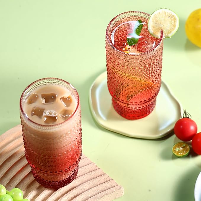 6pcs Hobnail Drinking Glasses Set, 16 oz Vintage Glassware Drinking Glasses, Gradual Red Water Glasses Tumbler, Christmas Gifts for Women