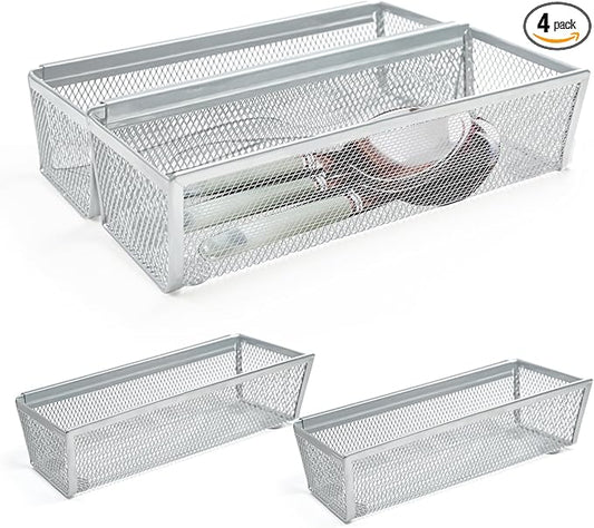 4PCS Drawer Organizer for Kitchen, Utensil Mesh Organizer With Interlocking Arm for Cosmetic, Flatware, Pen (9 * 3 * 2 Inches, Grey)