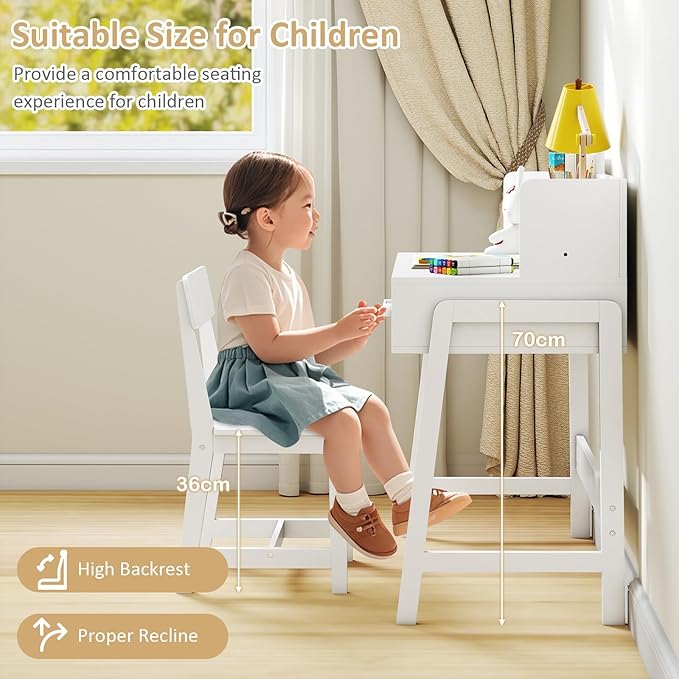 INFANS Table and Chair Set, Toddler Wooden Student Study Desk with Chair Storage Hutch Compartments Drawers for Writing Drawing, Children Furniture for Bedroom School Boys Girls 3+ Years Old (White)