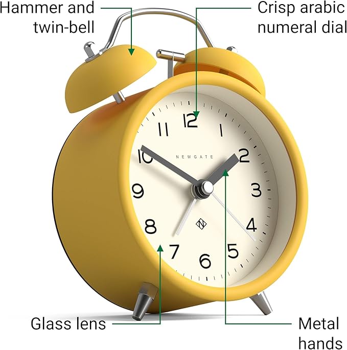 NEWGATE® Charlie Bell Echo Alarm Clock | Modern take on Classic Twin Bell Clock | Yellow | Easy to Read Numbers | Ideal for Bedside, Desk or Shelf | Modern Retro Bedroom & Office Accessory