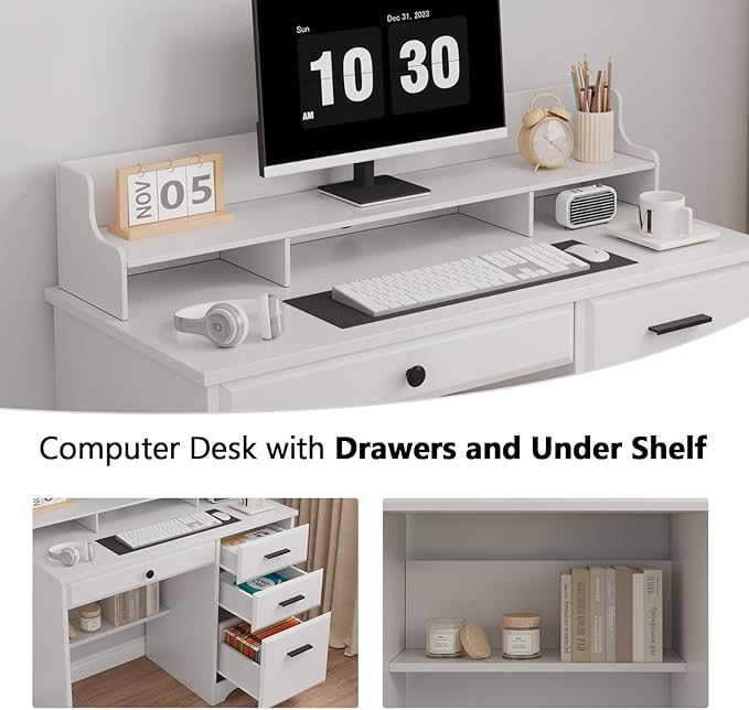4 EVER WINNER White Desk with Drawers, Small Computer Desk with File Drawer for Small Spaces, Home Office Desks with Monitor Stand Wood Table for Study Writing, White