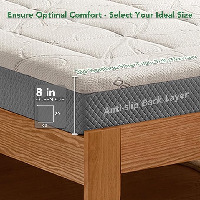 8 Inch Queen Memory Foam Mattress- CertiPUR-US Certified Foam Mattress in a Box -Medium Firm Support for Pressure Relief with Washable Bamboo Fiber Cover for Kid Single Bunk Trundle Bed