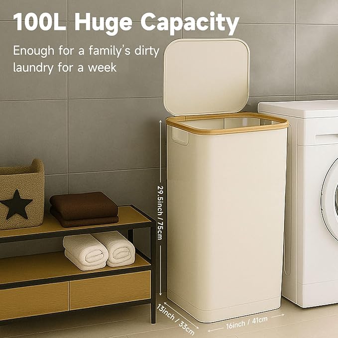 100L/26 Gallon Extra Large Foldable Laundry Hamper with Lid - Dirty Clothing Hamper & Collapsible Basket, Portable Clothes Organizer for Home, Travel, Bathroom & Laundry Room, Beige