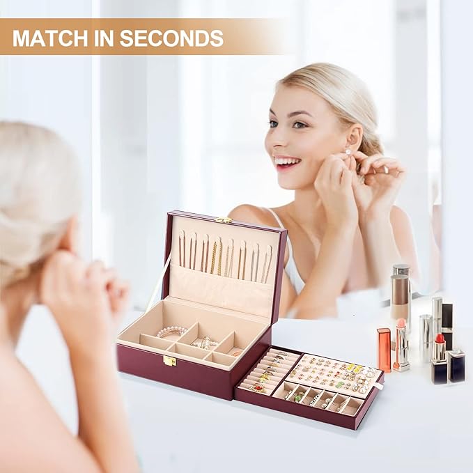 Jewelry Boxes for Women Girls PU Leather Jewelry Organizer Box 2 Layer Large Jewelry Storage Case Removable Tray for Necklace Earring Ring with Polishing Cloth and Jewelry Bags