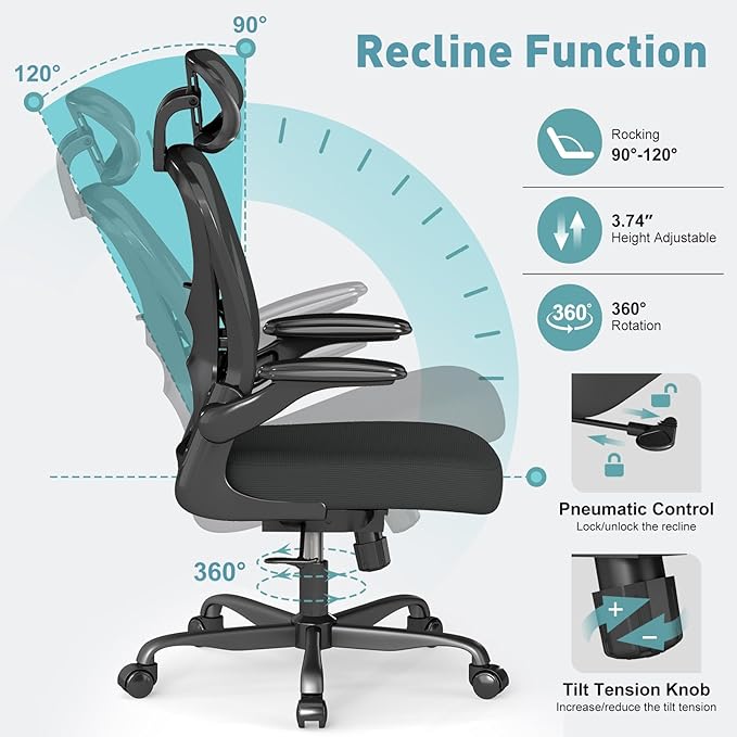 ZZH Ergonomic Office Chair with Adjustable Lumbar Support and Headrest, Mesh Home Office Desk Chair with Wheels and Flip-up Arms, Black