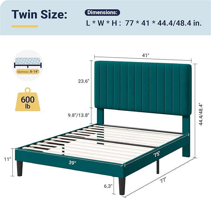 Allewie Twin Bed Frame, Velvet Upholstered Platform Bed with Adjustable Vertical Channel Tufted Headboard, Mattress Foundation with Strong Wooden Slats, Box Spring Optional, Easy Assembly, Teal