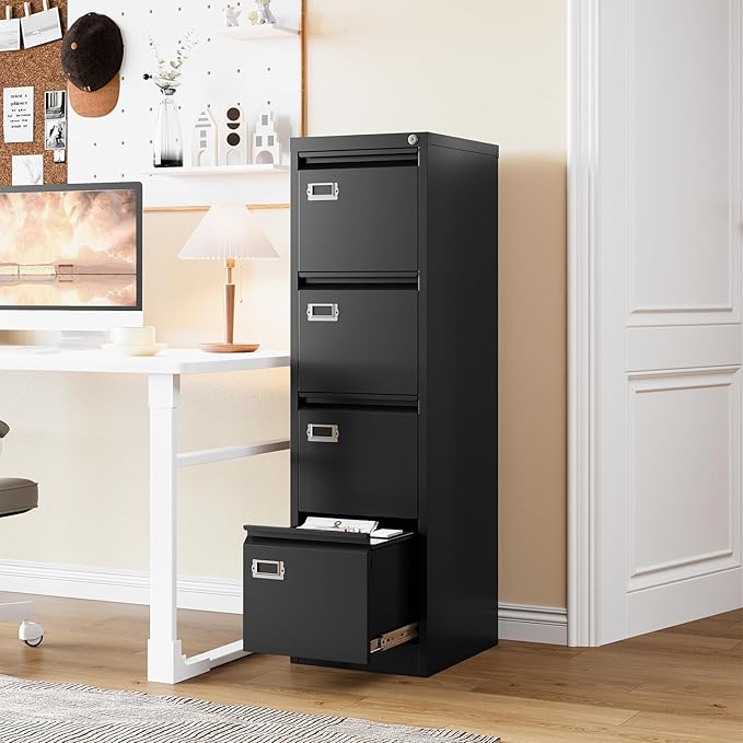 4 Drawer File Cabinet with Lock,Vertical Filing Cabinet for Home Office,Metal File Cabinets with Lock,Storage Files for A4/ Legal/Letter, Require Assembly, (Black)