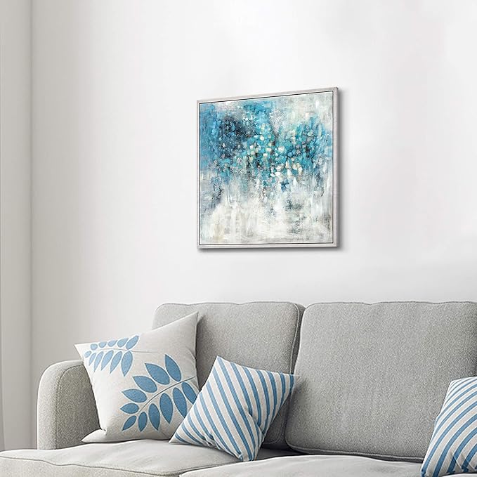 Abstract Wall Art Canvas Framed: Blue Abstract Painting Artwork on Canvas for Bedroom (24''W x 24''H, Multiple Sizes)