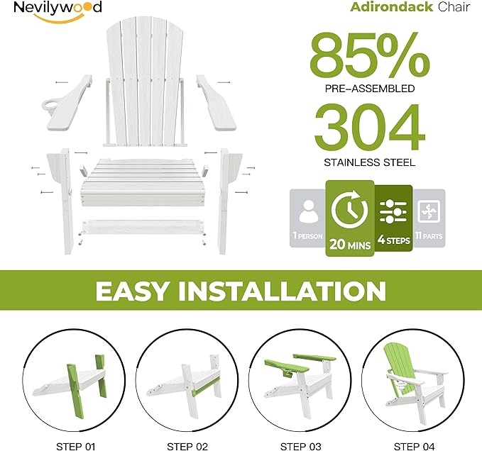 nevilywood Folding Adirondack Chair - Extended Ergonomic Backrest, Cup Holder - Easy Assembly - Durable HDPE Plastic, Weather Resistant & Maintenance-Free - Lawn, Patio, Deck Supports 380lbs White