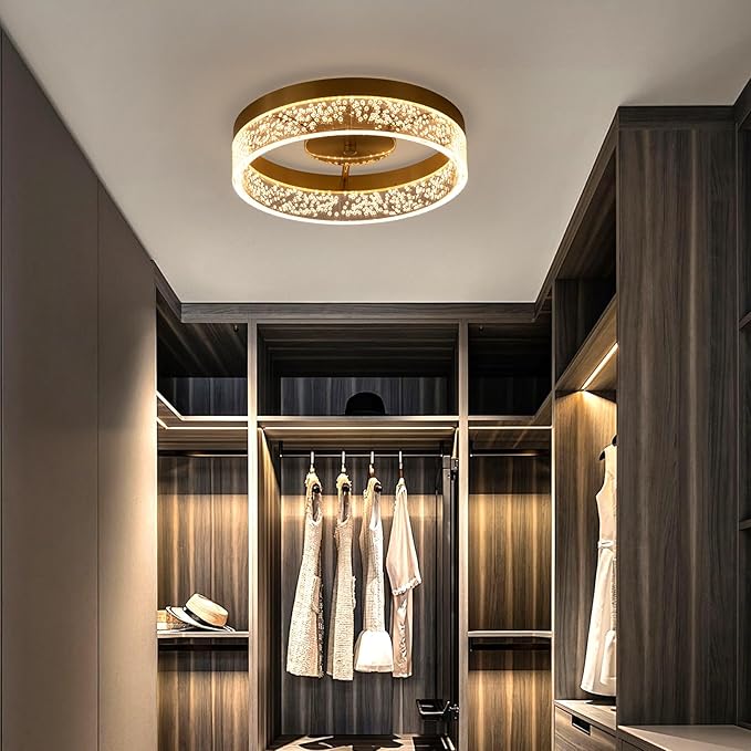 Jaycomey Modern LED Ceiling Light Fixture, 11.65" Flush Mount Kitchen Lighting Gold with Clear Seeded Acrylic Lampshade,Round Ceiling Lamp Lights for Hallway Dining Room