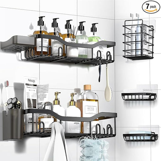 Shower Caddy Adhesive Shower Organizer 7-Pack, Rustproof Stainless Steel Bathroom Shelves, Large Capacity No-Drill Rack Storage Accessories with Soap Dish Toothbrush Holder &24 Hooks Home Decor